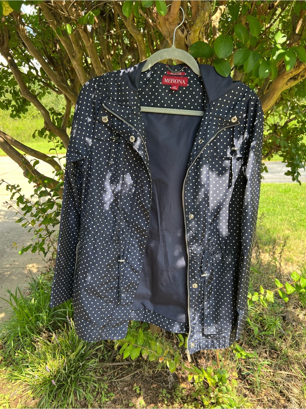 Merona Target Navy Polka Dot Water Resistant Hooded Rain Jacket Small